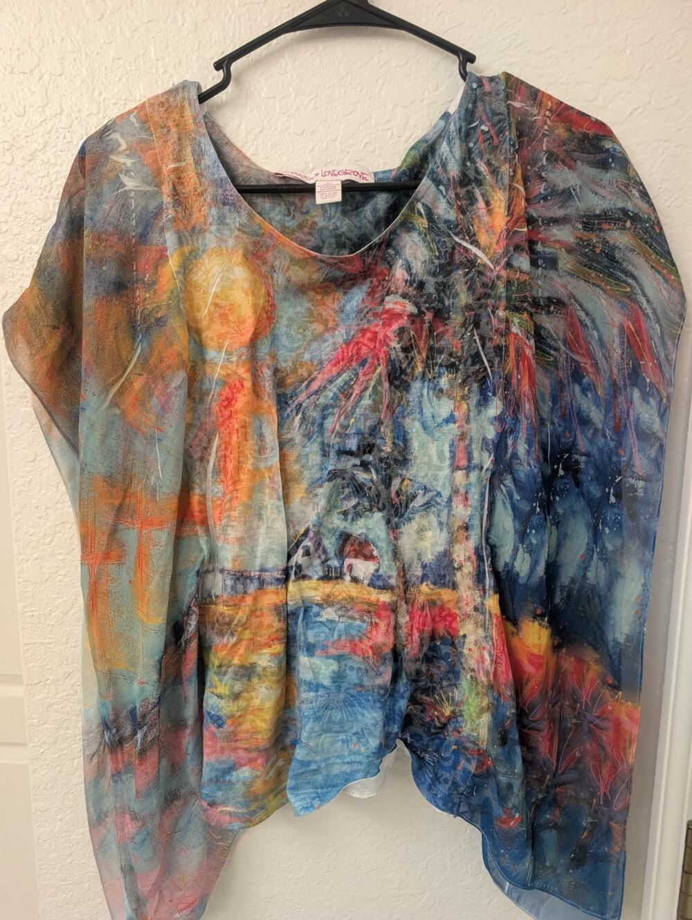 Leoma Lovegrove Wearable Art Top Womens XL Sheer Tropical Landscape Dolman